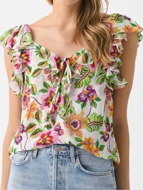 NWT Misa Los Angeles Luca Ruffle Chiffon Top “Flora Exotica” Size Medium